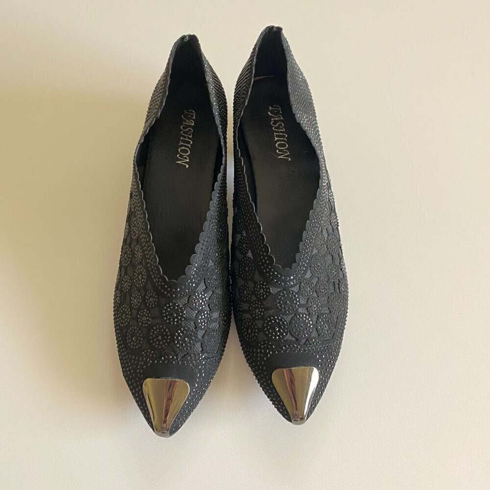 Black Mesh Rhinestone Sparkly Low Block Heel Comfort Pumps Sz 10 - Picture 4 of 10